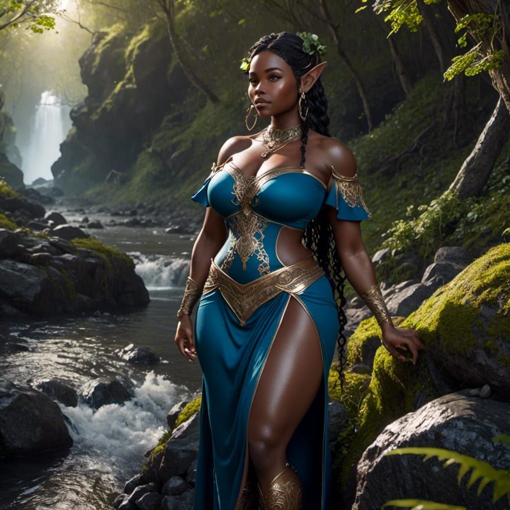 Elven Woman by River in Dark Forest