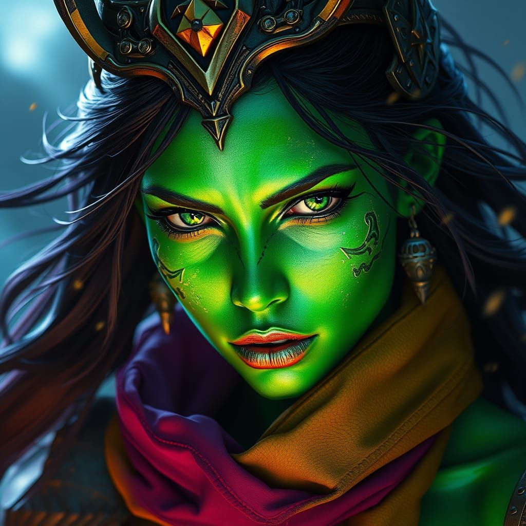 Green Warrior Woman in Dark Fantasy Style
