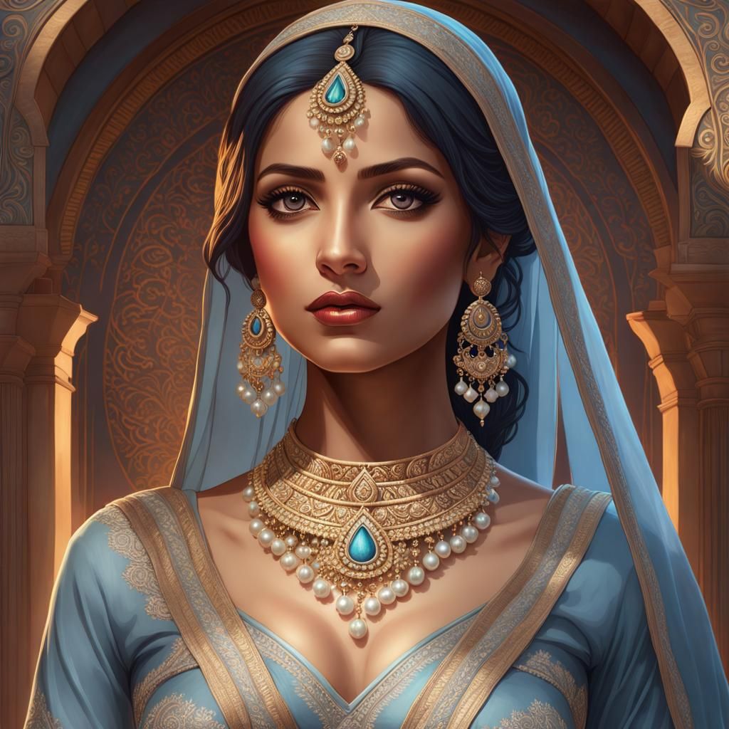 Indian Woman in Blue-Gray Sharara, Detailed Portrait