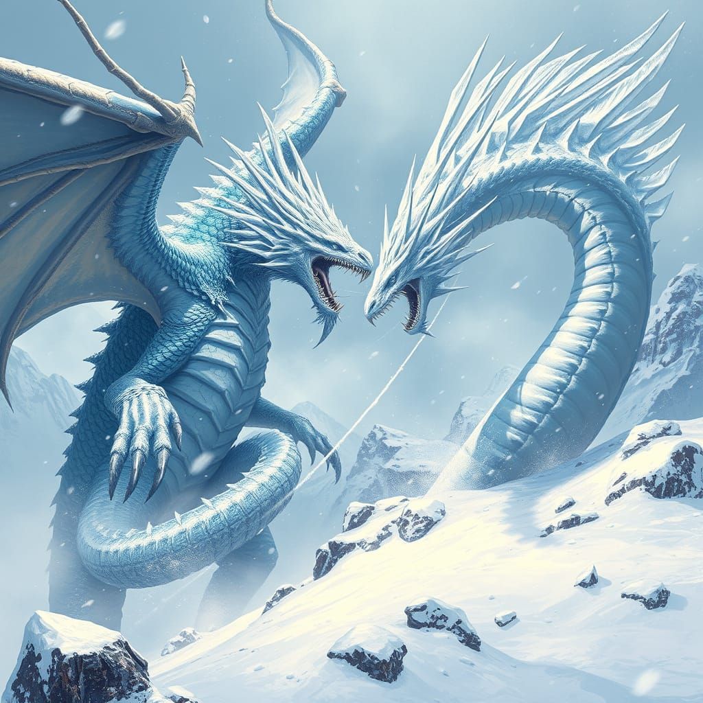 Epic Ice Dragon and Serpent Battle in Blizzard
