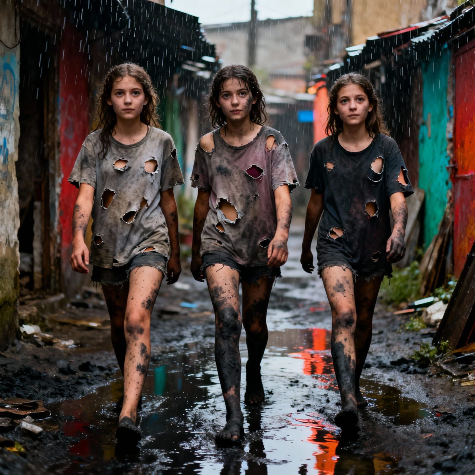 Young Girls in Gritty Slum During Rain Shower