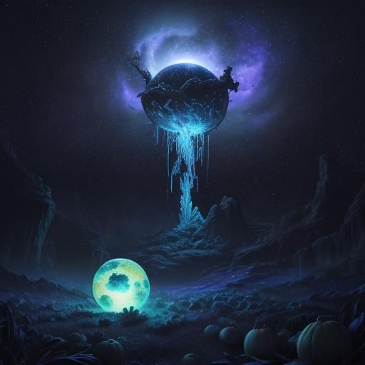 Alien in Starry Forest Holding Glowing Gourds