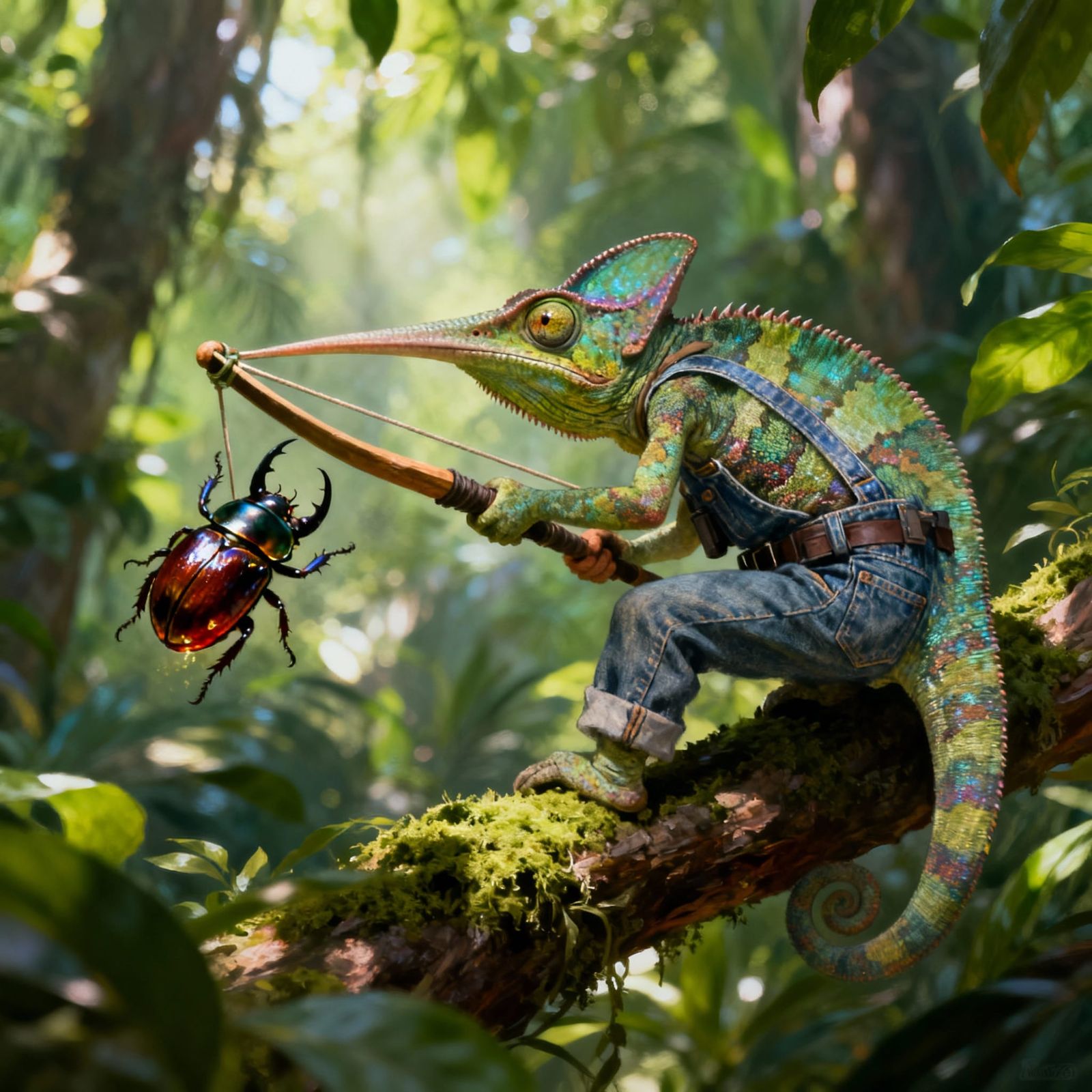 Chameleon Sniper with Slingshot in Jungle Canopy