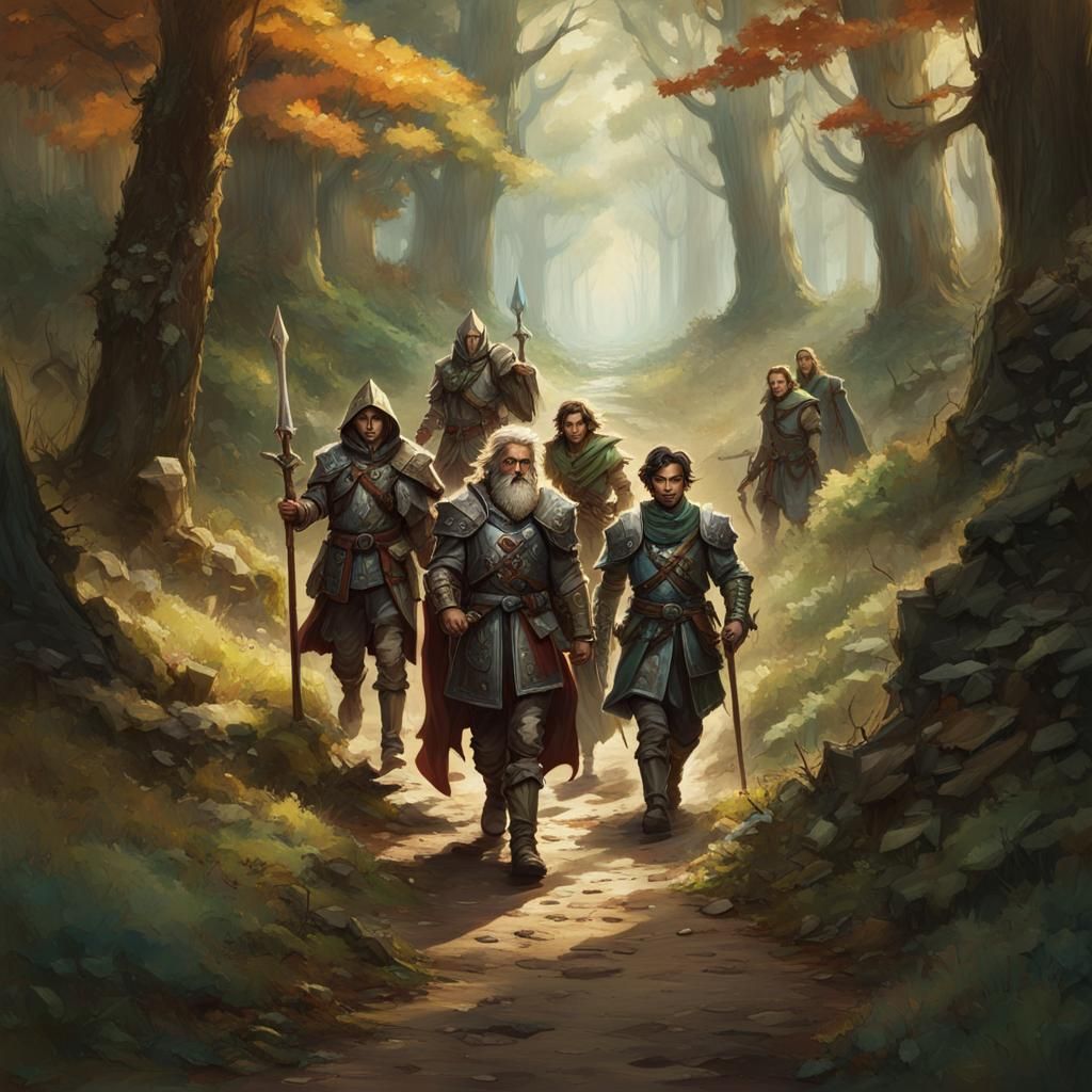 D&D Party Walks Down Forest Path