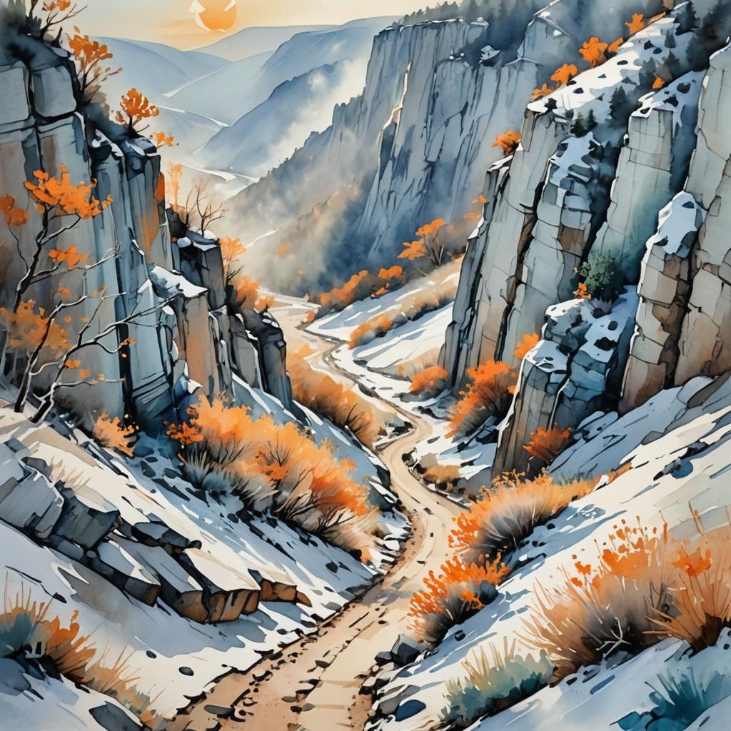 Watercolor Landscape with Hikers in Light Snow