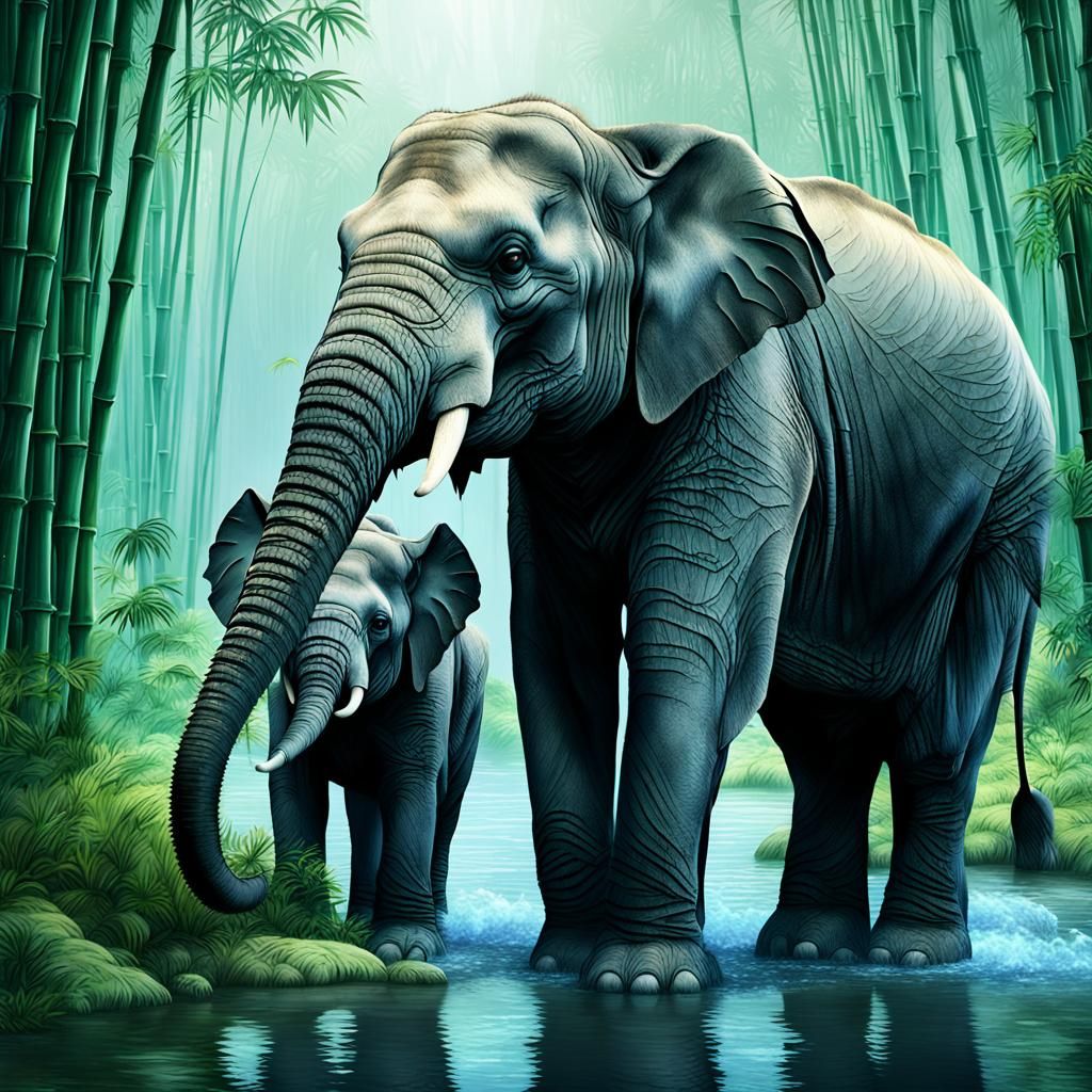 Elephant Family in Bamboo Forest: Fantasy Art