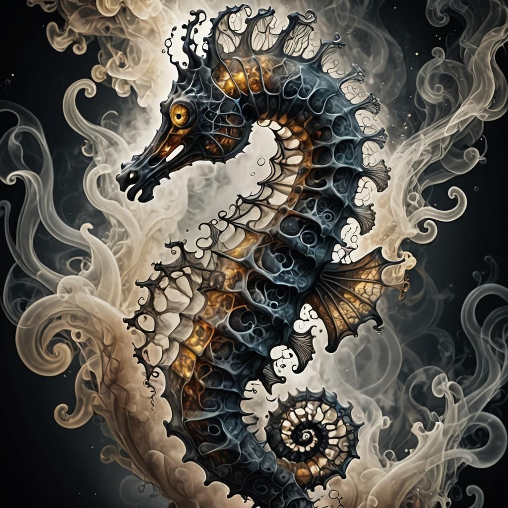 Luminescent Seahorse Biological Illustration in Smoke Art St...