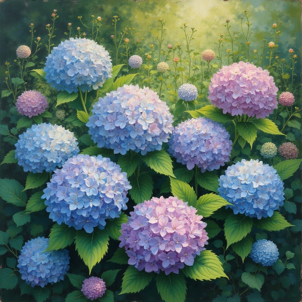 Hydrangeas in Garden: Impressionistic Botanical Art