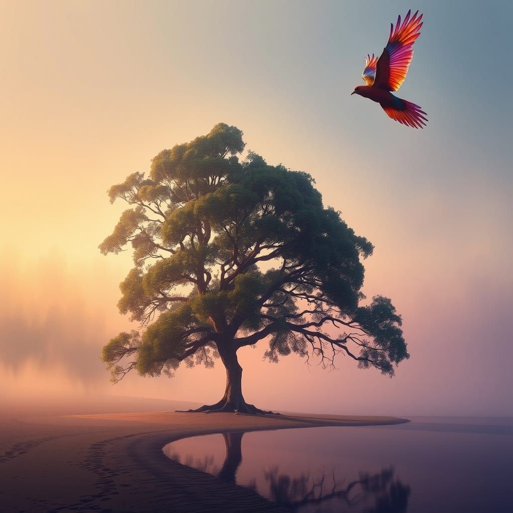 Mystical Bird Over Forest Lake: Dark Fantasy Art