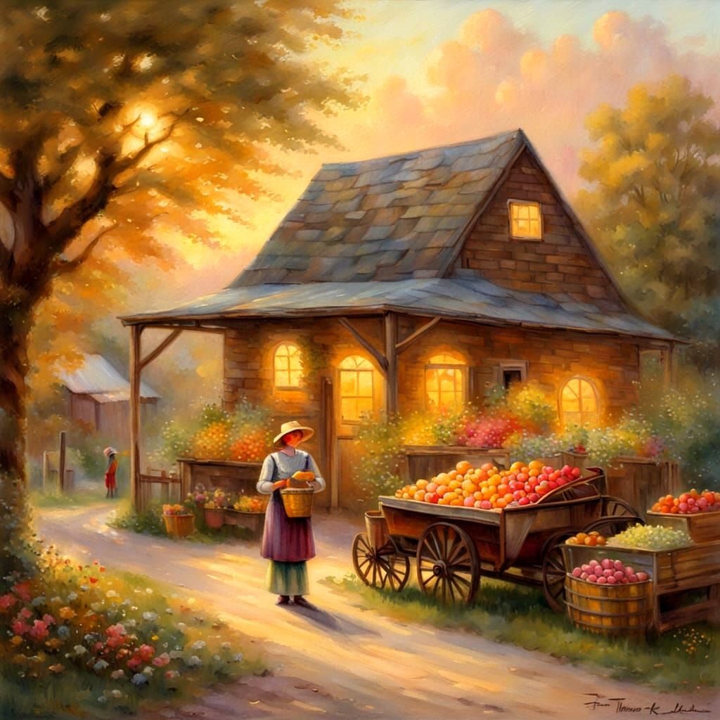 Farm Girl at Fruit Stand in Kinkade Style