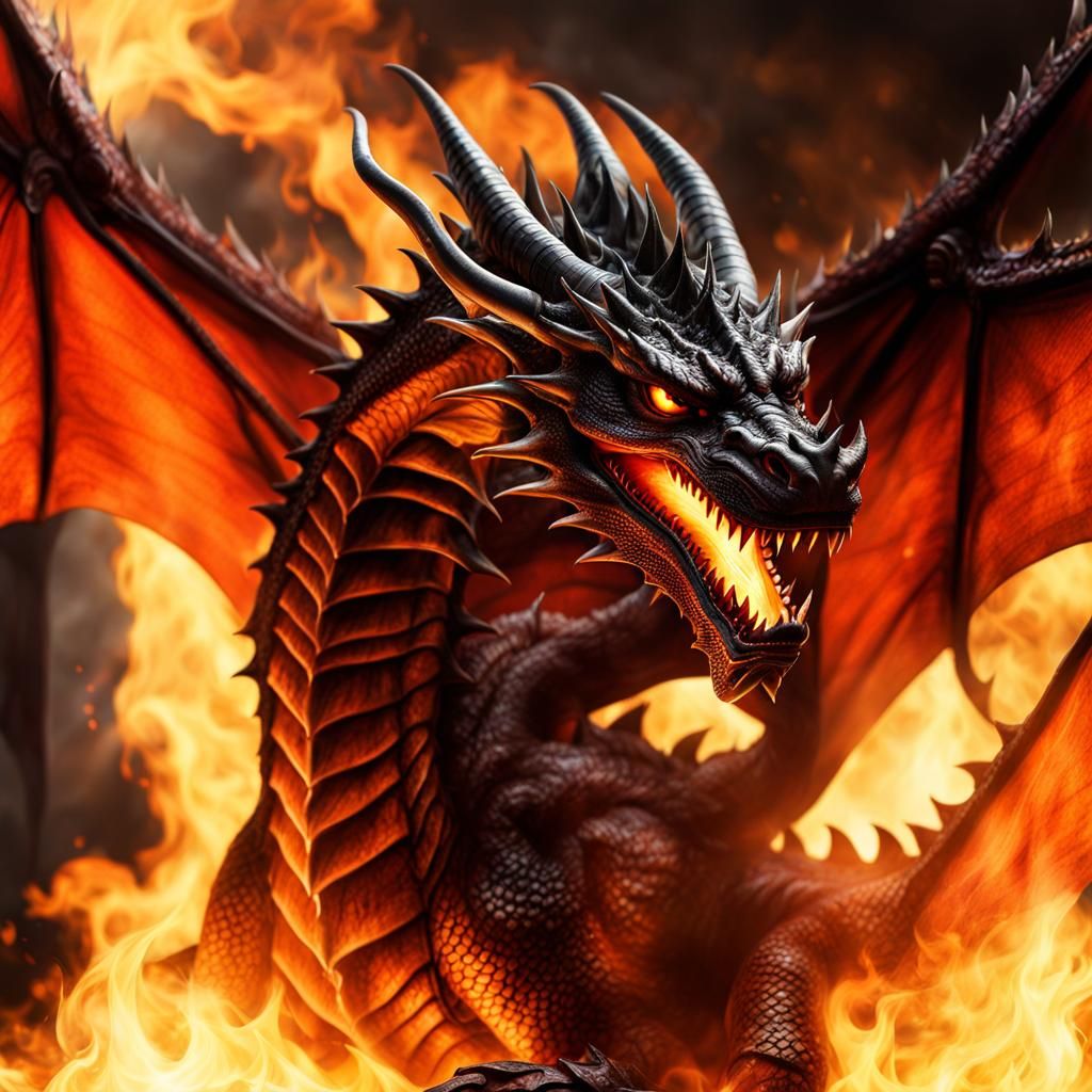 Winged Fire Dragon in Hyperrealistic Digital Art