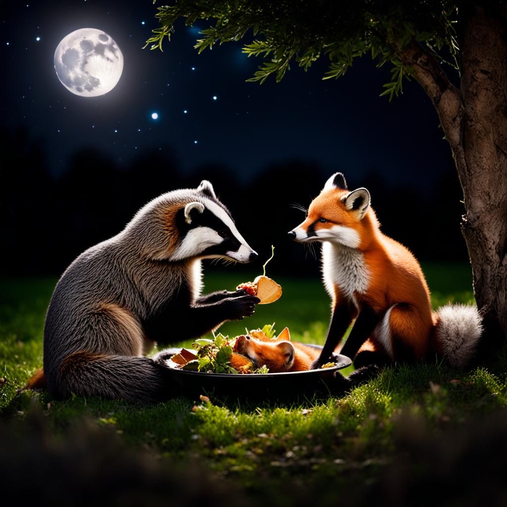 Badger and Fox Share Meal Under Moonlight
