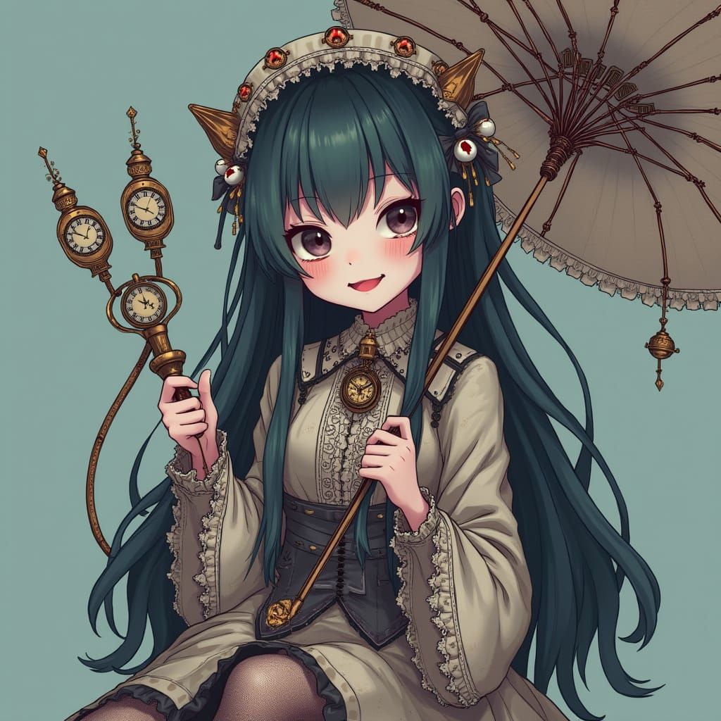 Surrealist VTuber Girl with Dark Grey Hair and Checkered Pat...