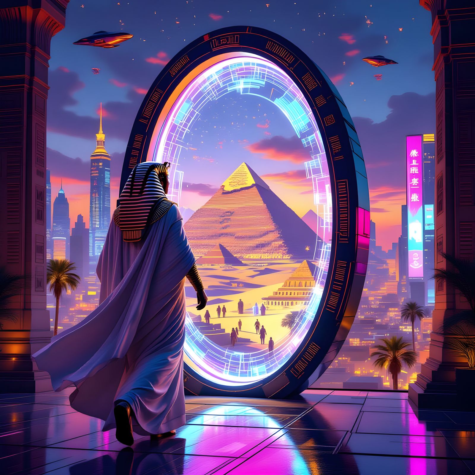 Pharaoh's Futuristic Leap: A 3D Rendered Vision