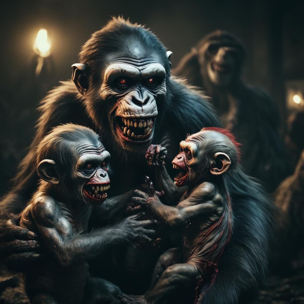 Zombie Monkey Clowns Devouring Baby: Cinematic Film Still