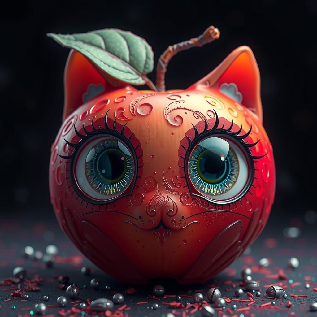 Fantastical Apple Fruit with Chibi Doll Cat Eyes in Vibrant ...