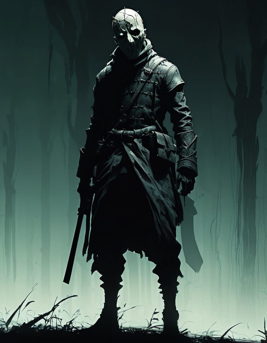 Surreal Assassin with Vine-Like Body and Wooden Mask