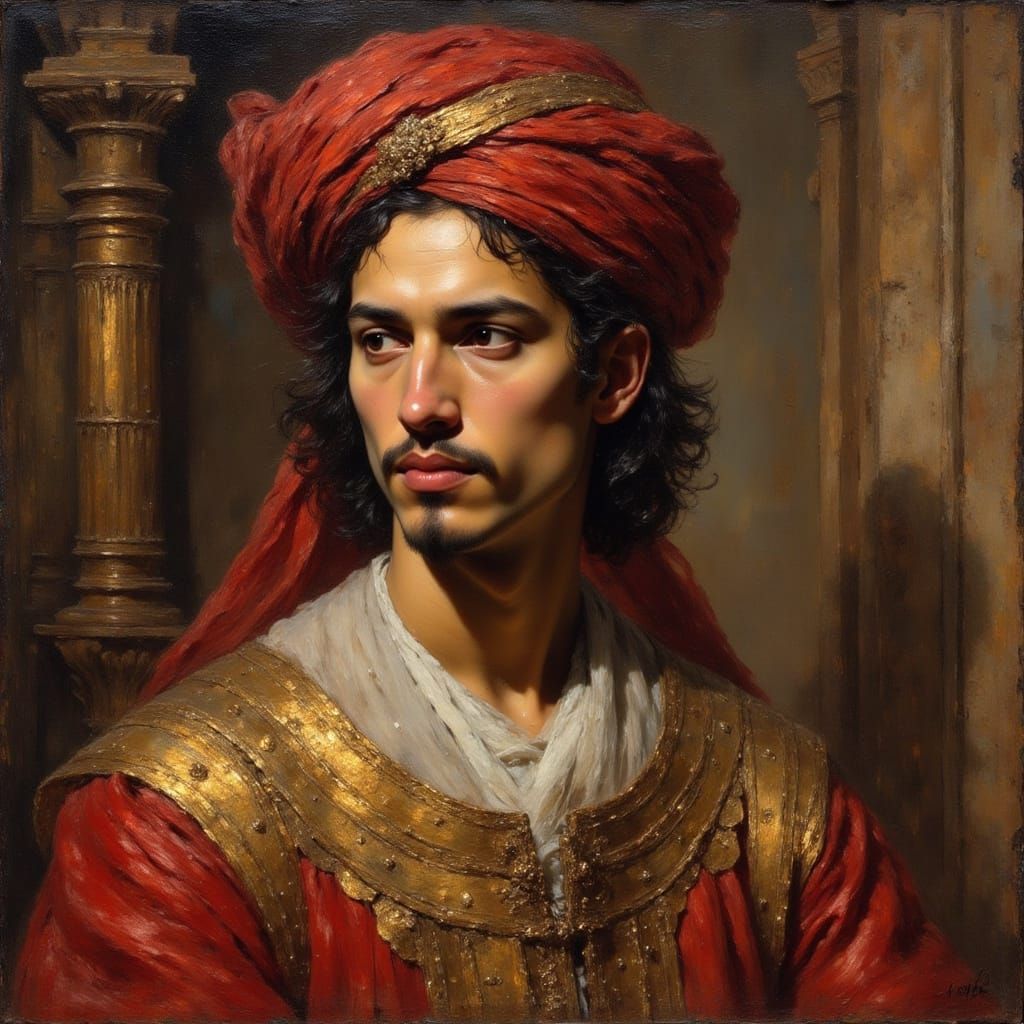Arabian Man in Opulent Robe, Rembrandt-Inspired Oil Painting