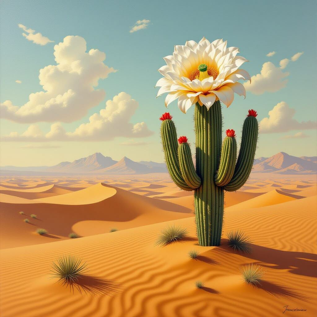 Giant Blooming Cactus in Desert Landscape