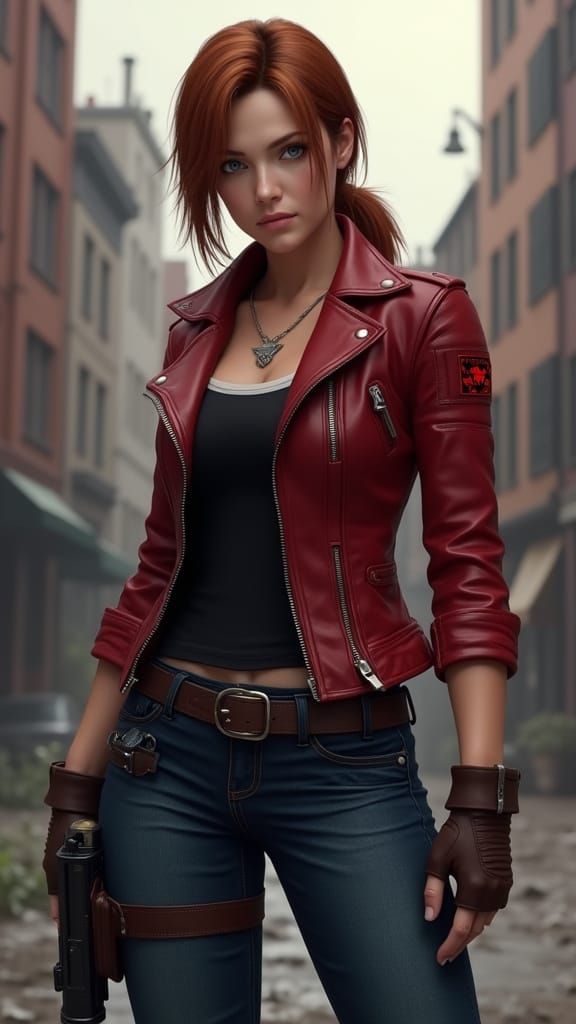 Cyberpunk Style Female Action Hero with Red Leather Jacket