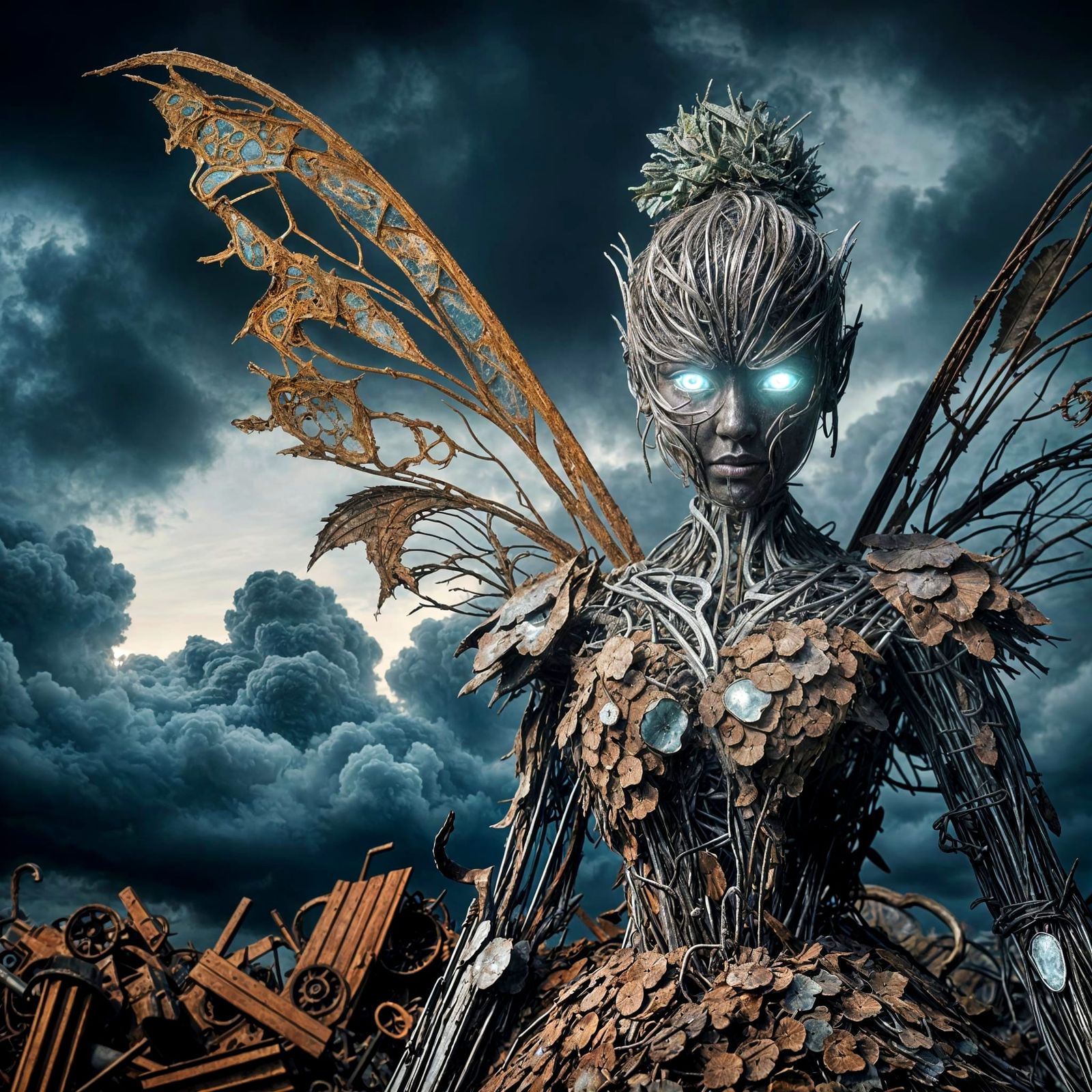 Rusty Metal Fairy in Scrapyard Under Dark Sky