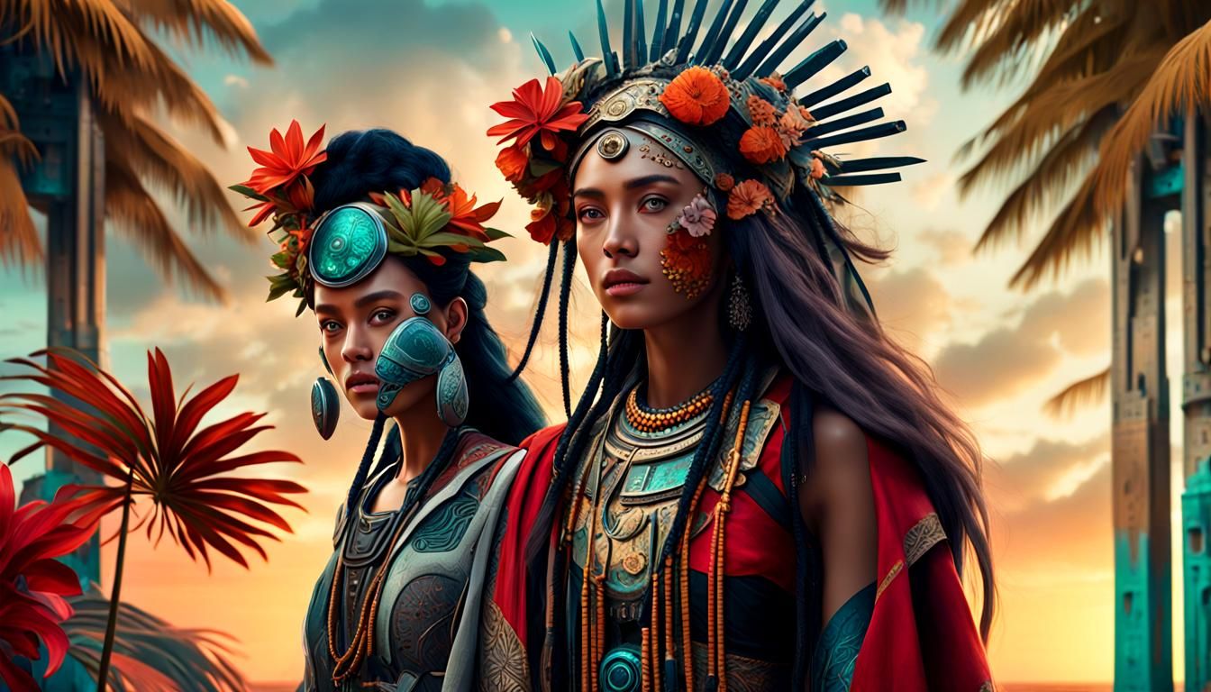 Robotic Columbus Meets Warao Woman on Tropical Beach