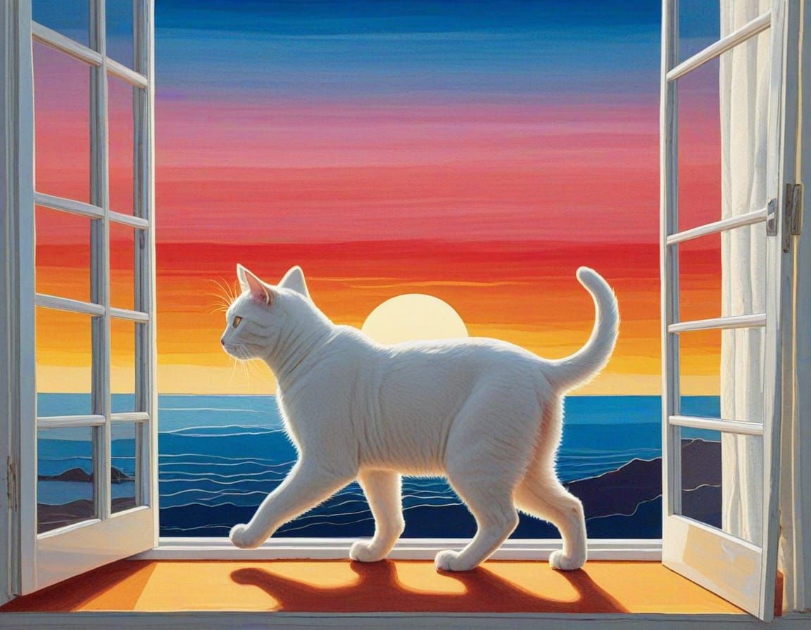 Simplified Seascape with Silhouetted Cat and Sunset