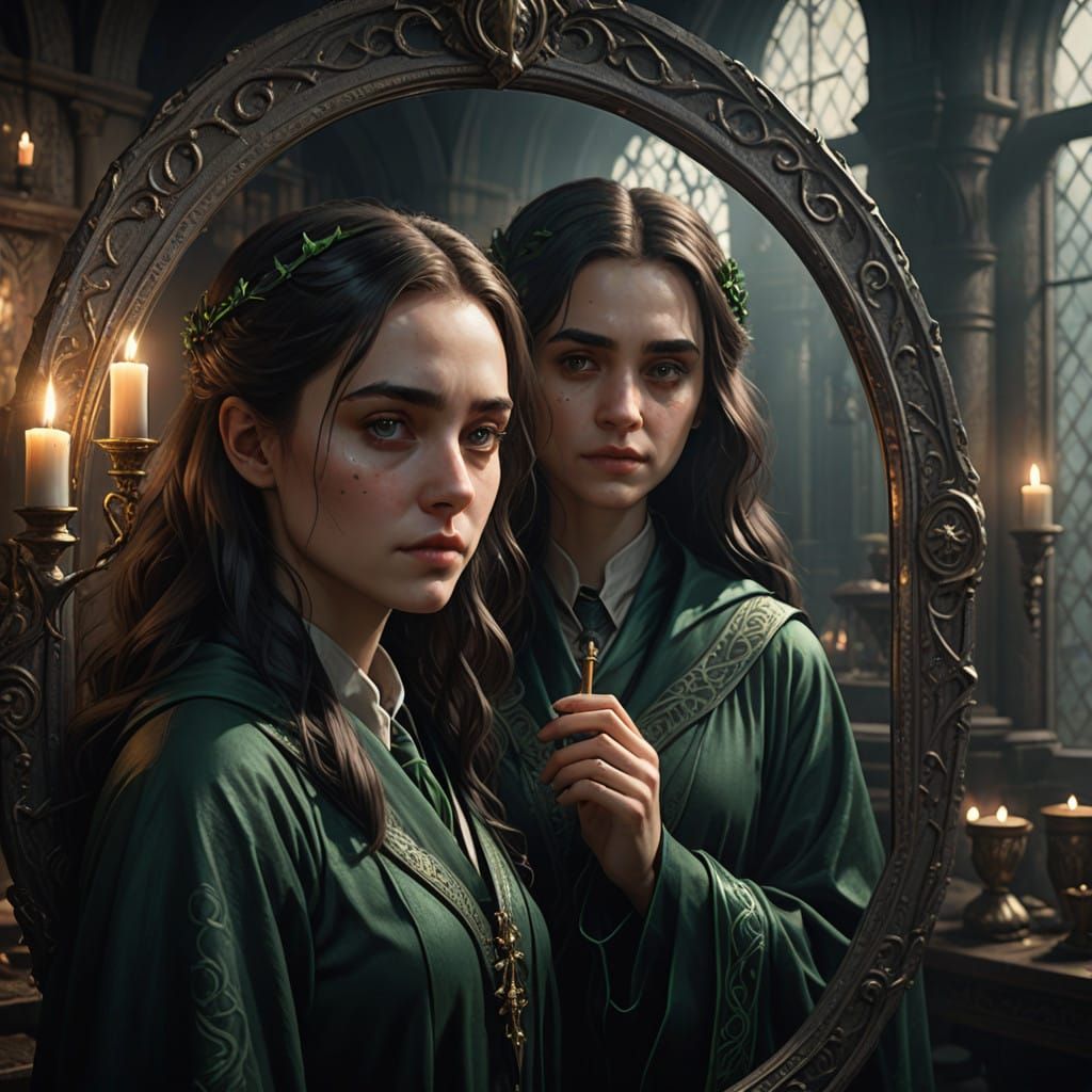 Slytherin Girl Contemplates Her Ghostly Sister in the Mirror