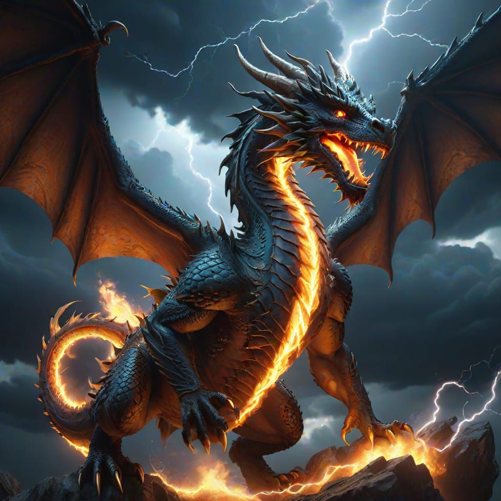 Majestic Dragon Soaring Through Stormy Sky