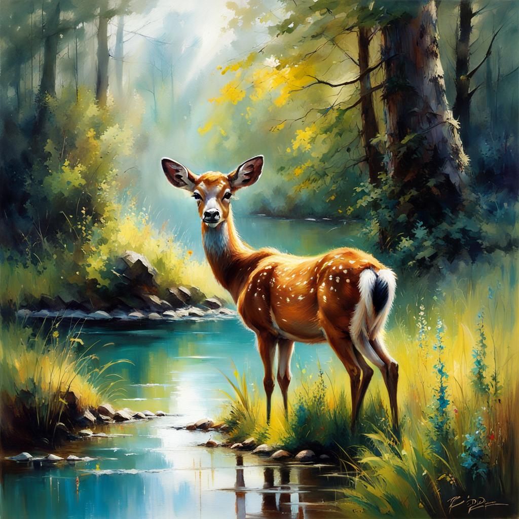 Young Deer in Forest Creek, Detailed Matte Painting