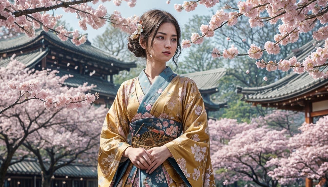 Girl in Cherry Blossom Garden: Hyperrealistic Digital Art