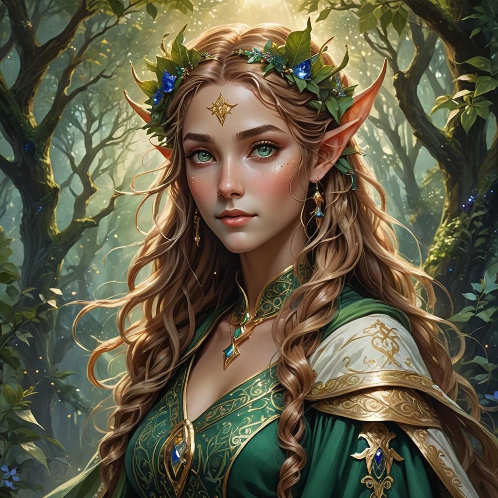 High Elf Wizardess in Flowing Gold Robes