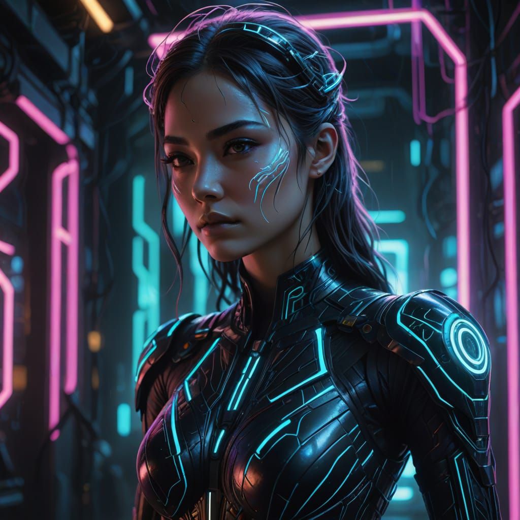 Glowing Enchantress in Neon Dark, Tron-Inspired Cyberpunk Ar...