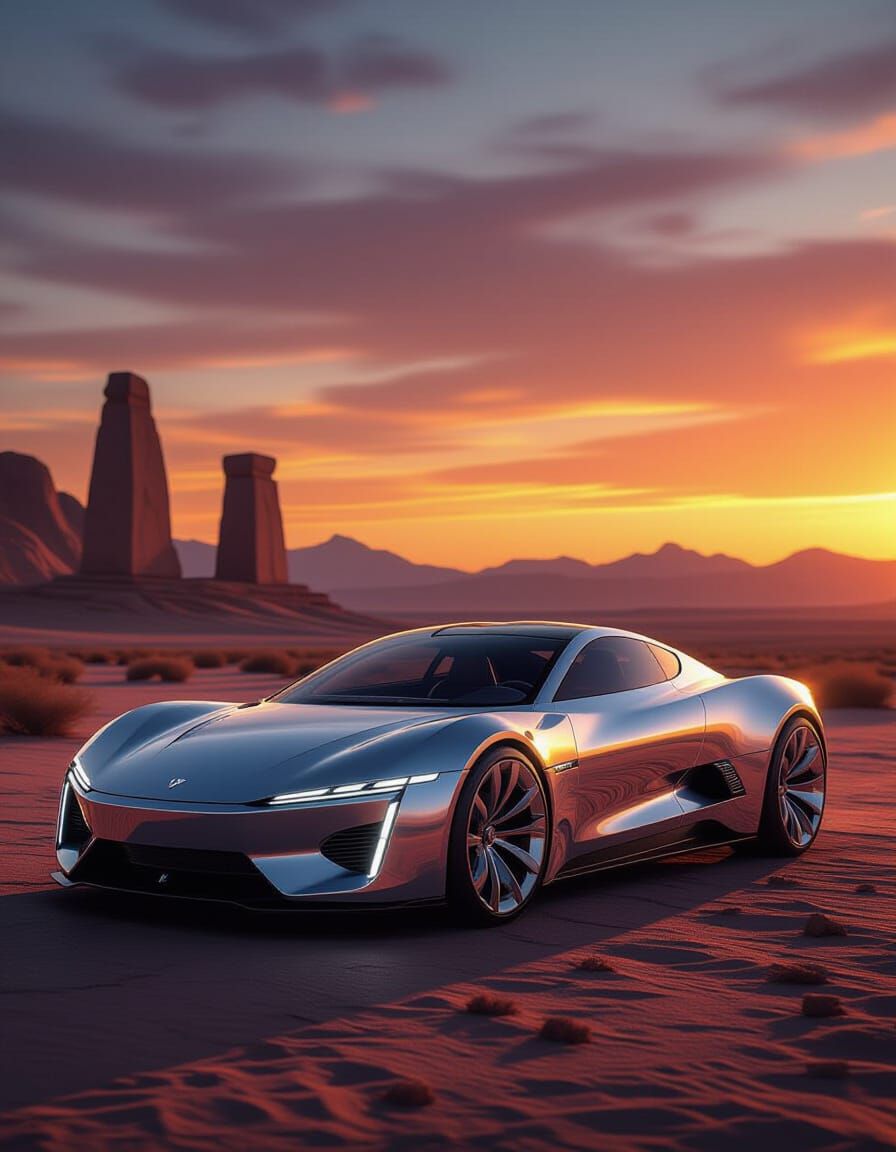 Futuristic Sports Car Hovers Over Desert at Sunset