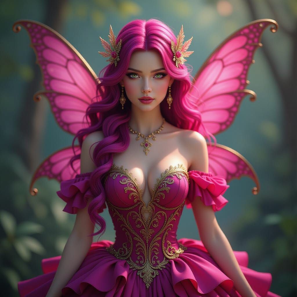 Detailed Fairy in Pink Dress with Gold Accents