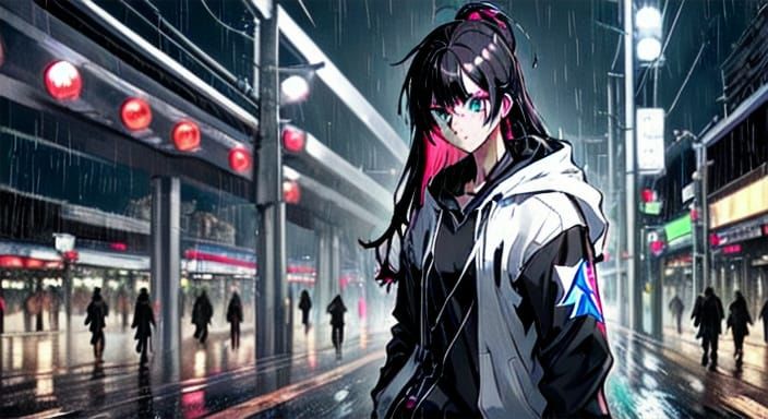 Cyberpunk Woman in Rainy Night Cityscape