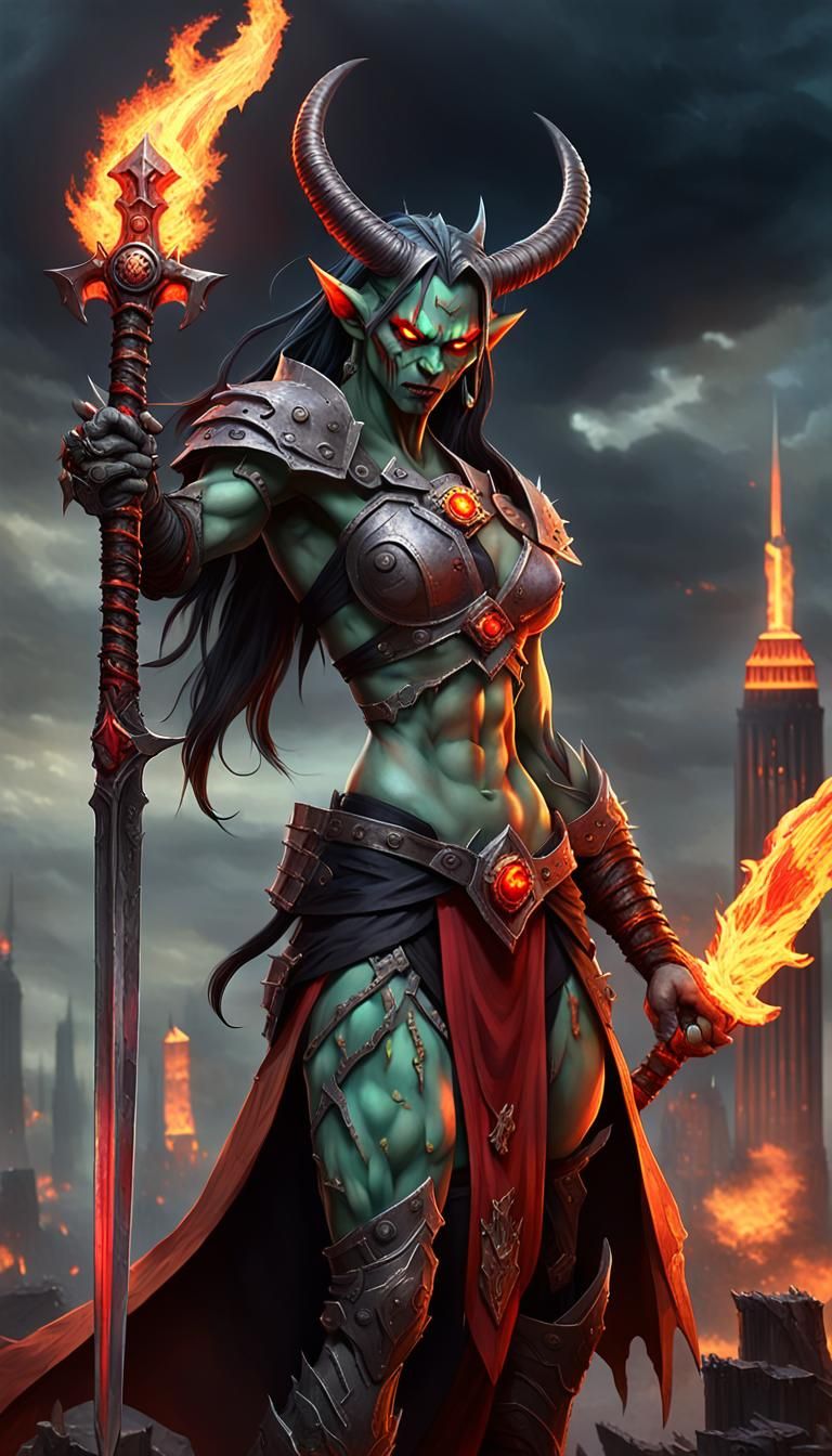 Muscular Female Demon with Flaming Sword in Anime Style