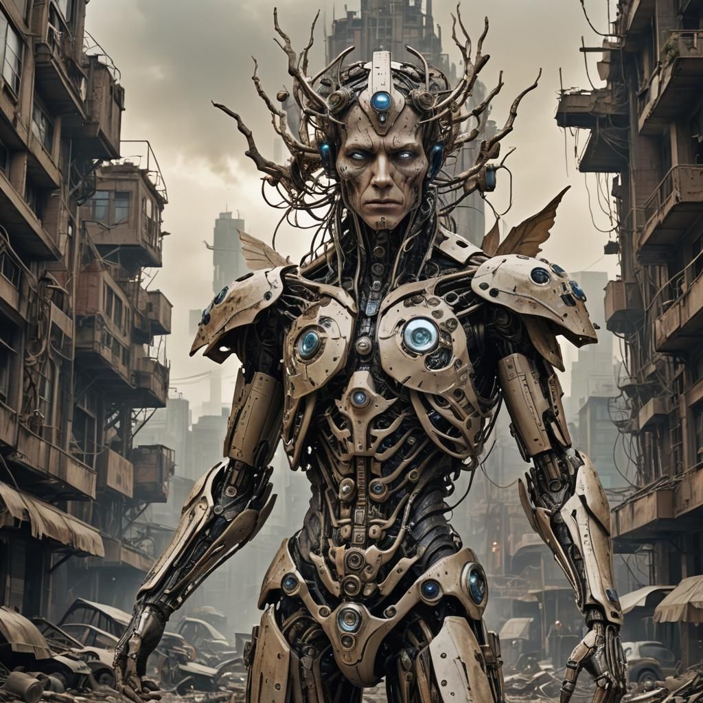 Cybernetic Fairy King in Post-Apocalyptic Town