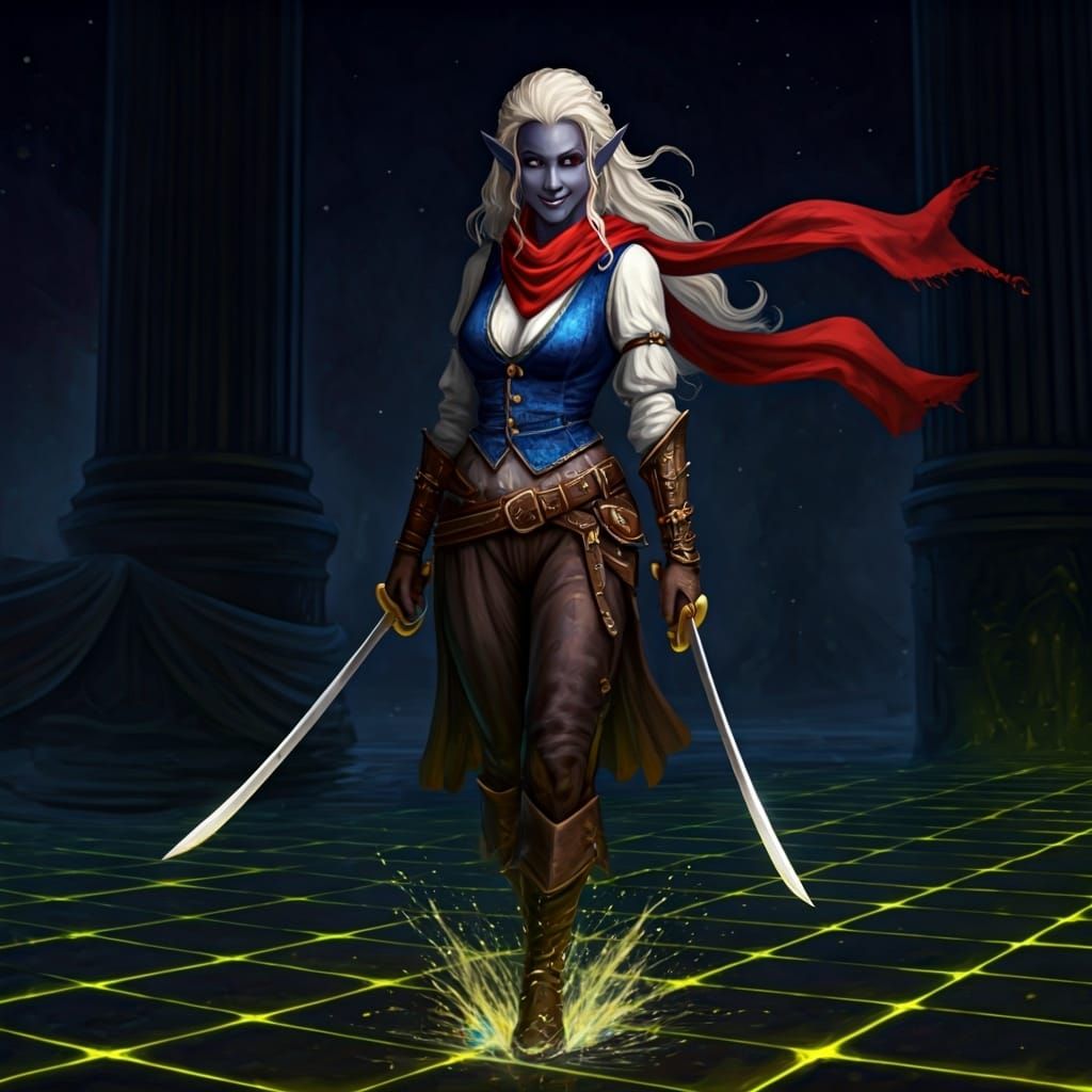 Drow Sailor with Sabers on Glowing Dock