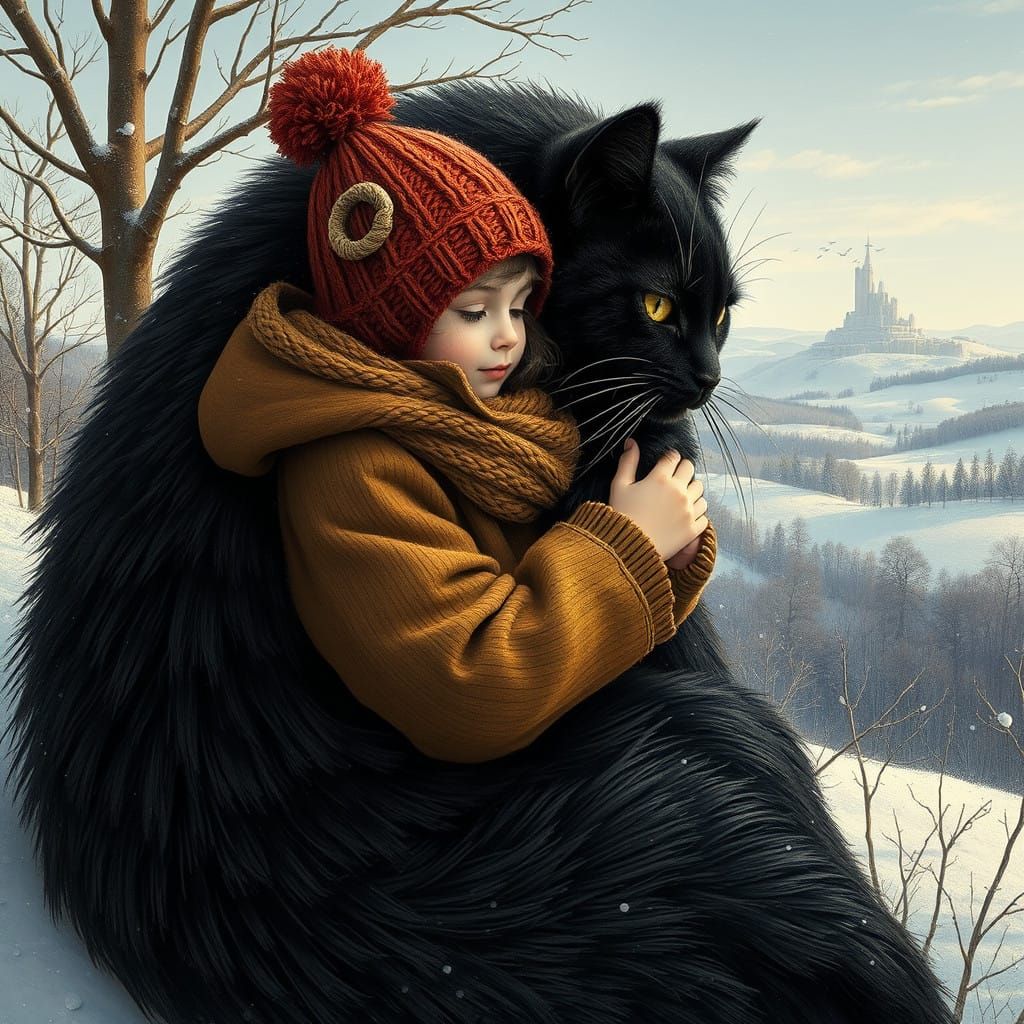 Serene Winter Scene with Girl and Majestic Black Cat in Stri...