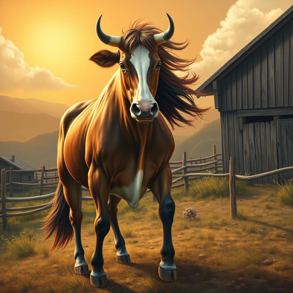 Ethereal Equine-Bovine Hybrid in Rustic Landscape
