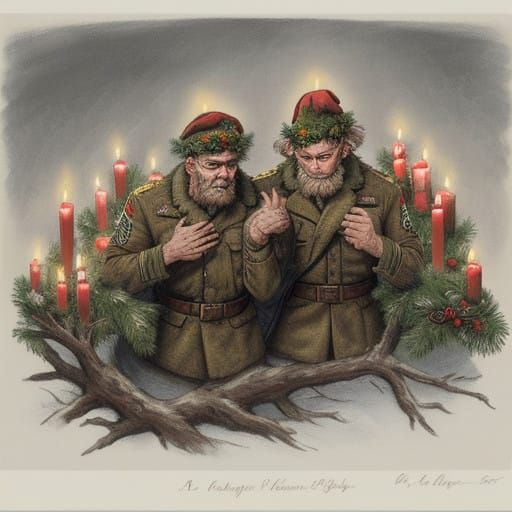 Soldiers Warming Hands by a Yule Log in a Distressed Lithogr...