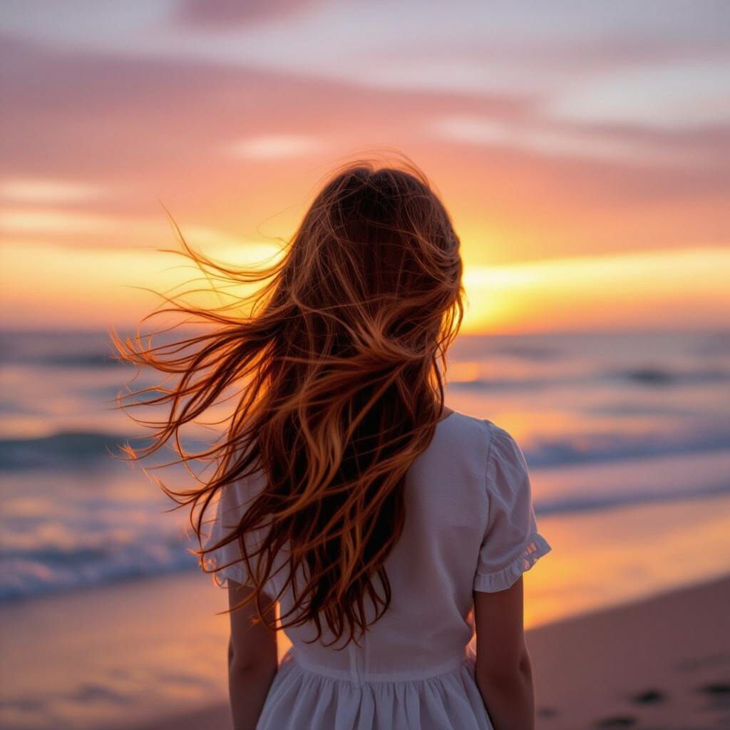 Girl on Beach at Sunset with Flowing Hair