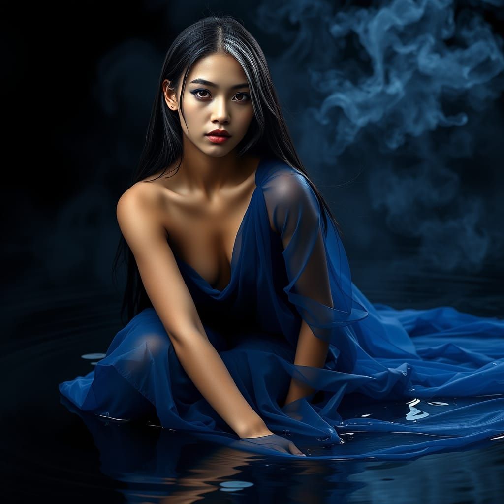 Ethereal Laotian Woman in Flowing Sapphire Gown