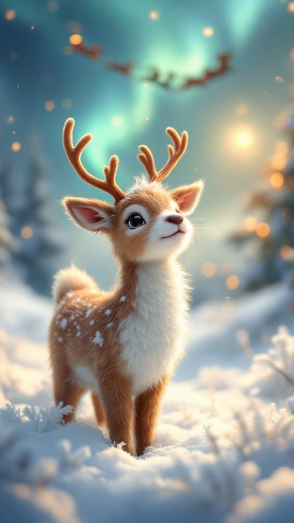 Cute Reindeer in Snowy Landscape with Northern Lights