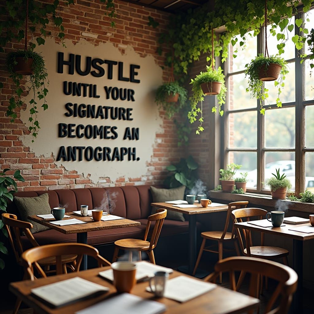 Cozy Cafe with Motivational Quote in Impressionist Style