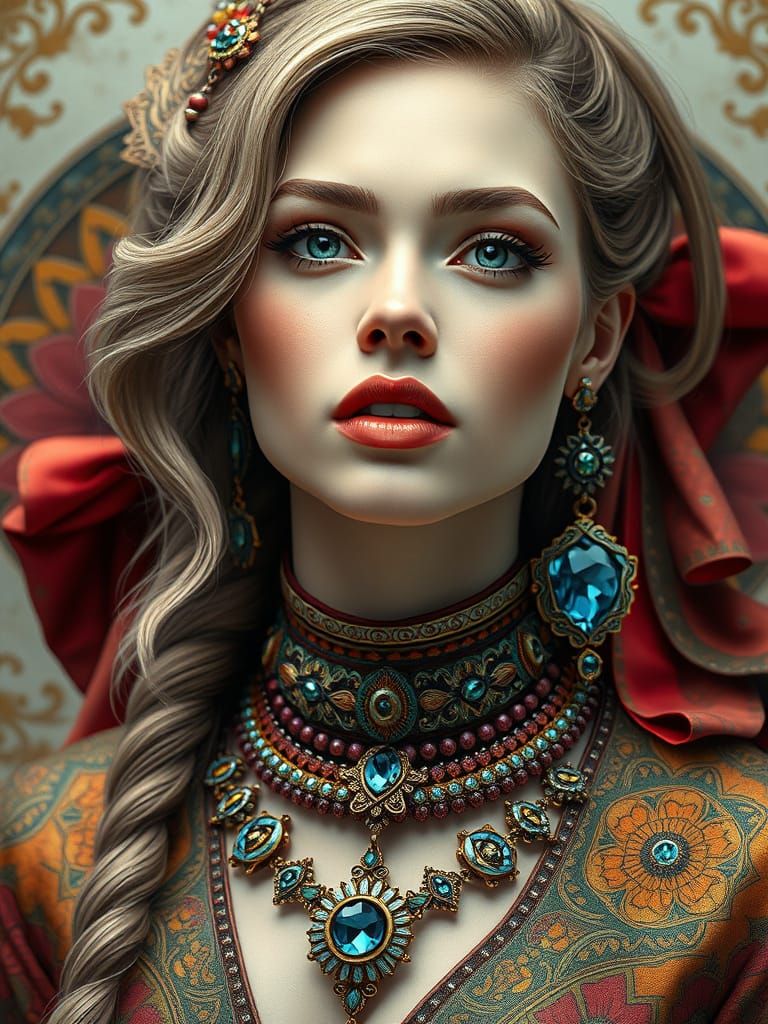 Hyperrealistic portrait of a beautiful woman wearing intrica...