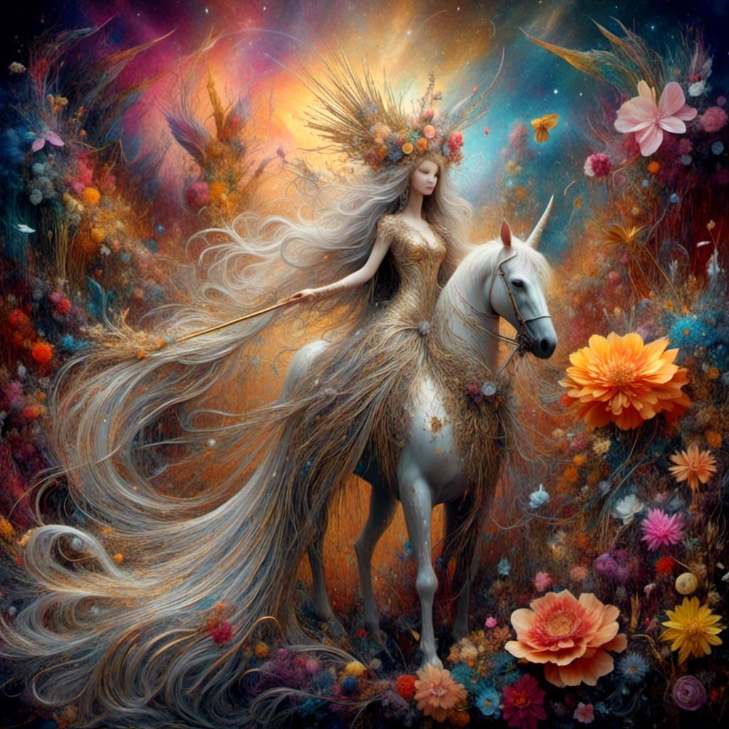 Woman and Unicorn in Magical Land