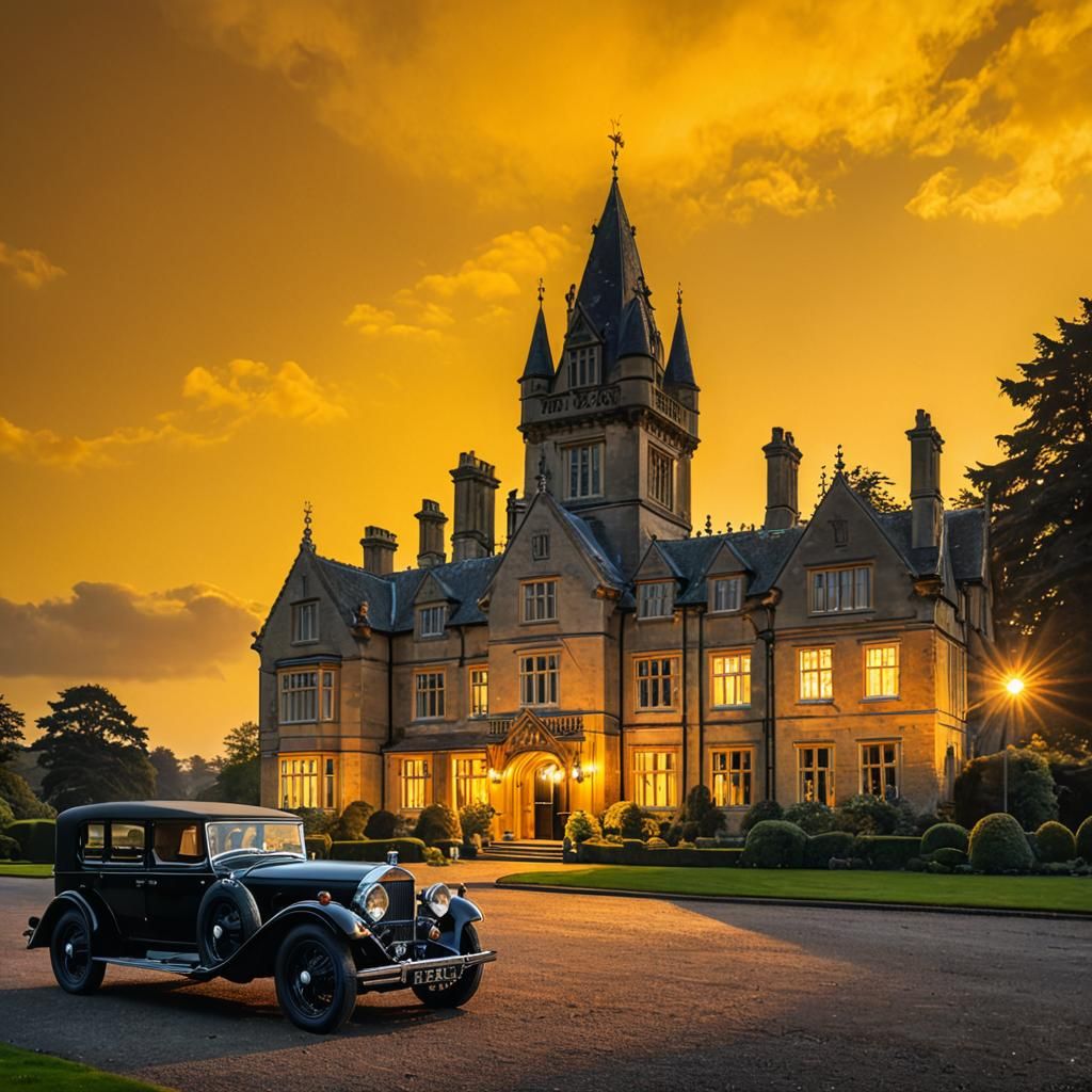 Lanchester 8hp automobile parked in front of a large English...
