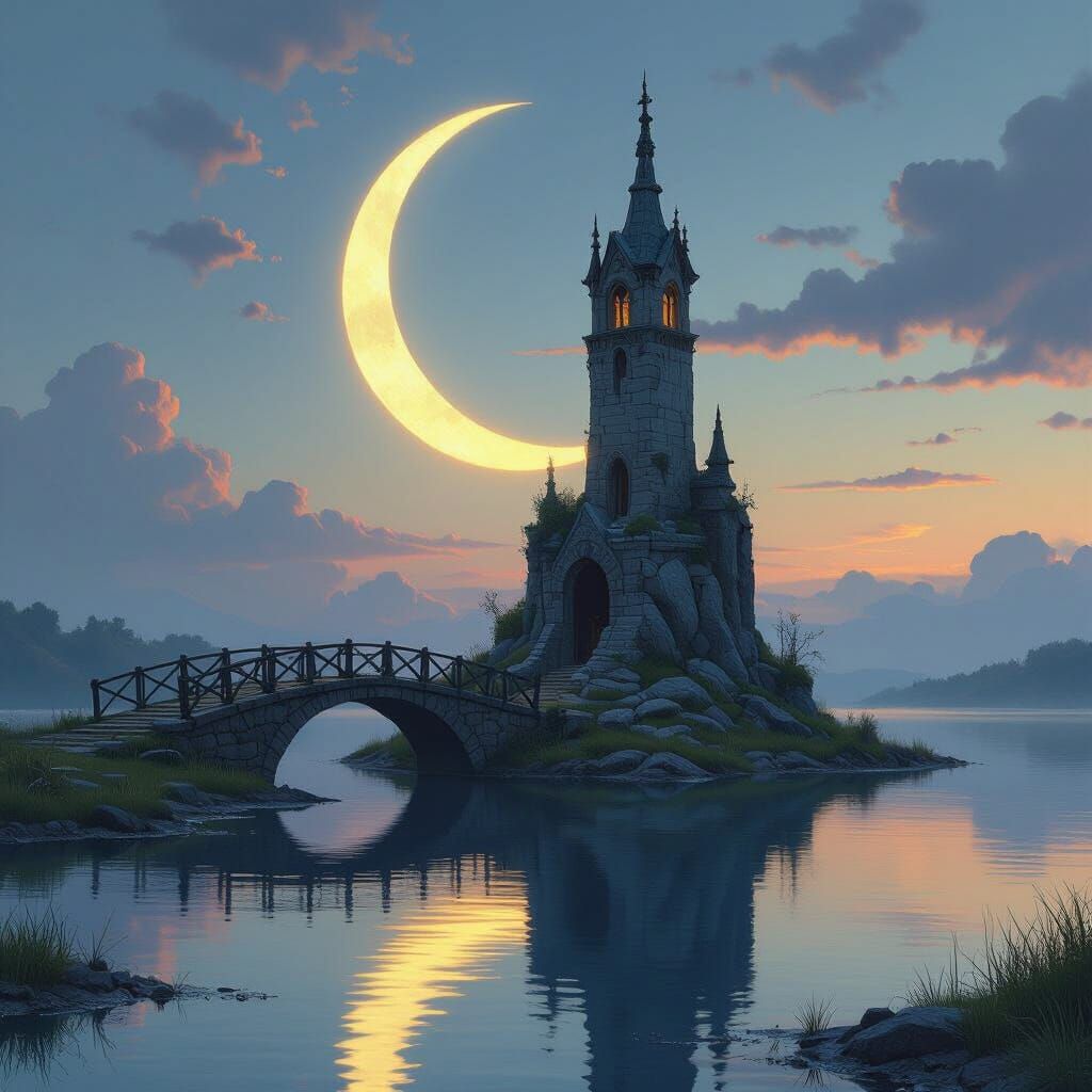 Moonlit Bridge to Ruined Tower Over Tranquil Lake